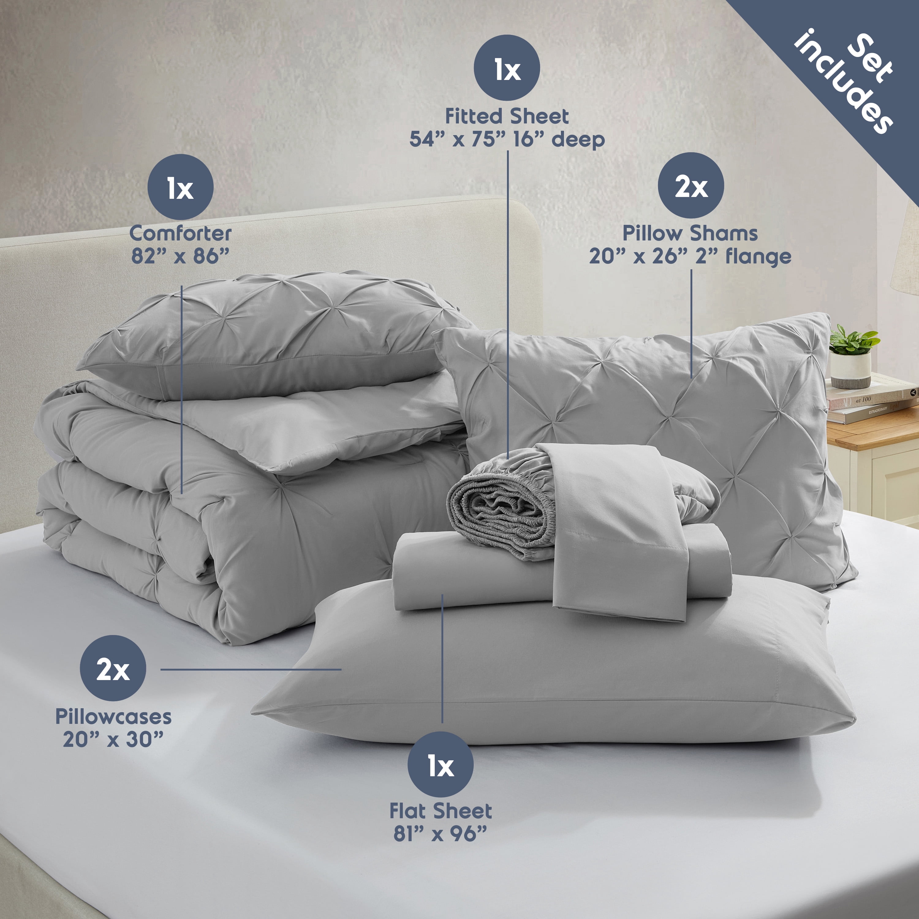 LammaLoe Full Size Comforter Sets, 7 Piece Bed In A Bag Pintuck Bedding Sets, light grey