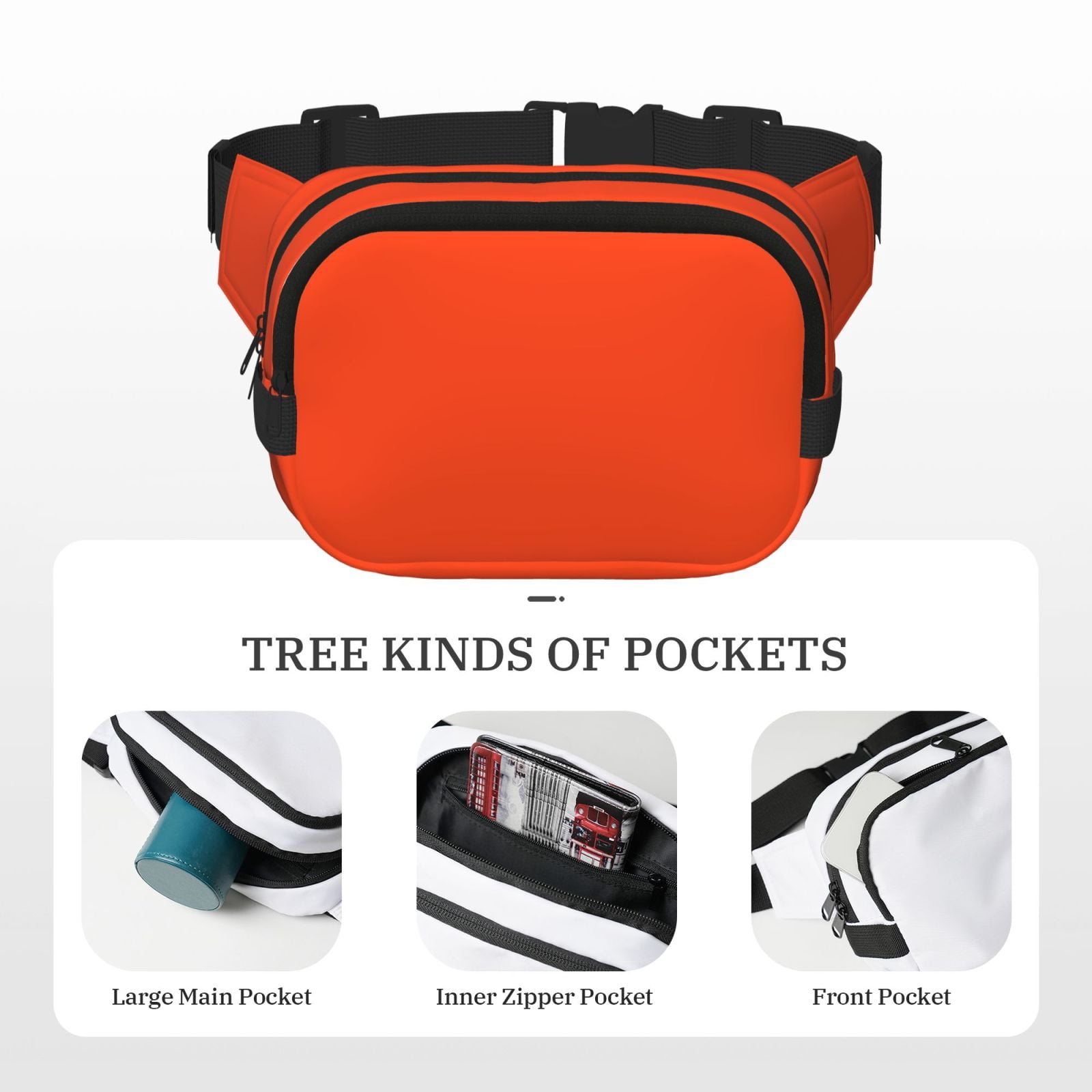 Rateoe Orange Print Fanny Pack Belt Bag for Women and Men, Square Double-Layer Waterproof Waist Pack with Adjustable Strap for Hiking, Jogging, Cycling