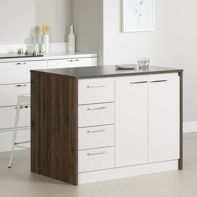 South Shore Myro Kitchen Island with Storage, in Natural Walnut and White