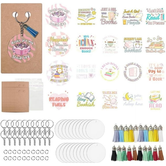 160 Pcs DIY Acrylic Keychain Making Accessories Clear Acrylic Blanks Book Pattern Transfer Stickers Keychain Display Cards Tassels Key Rings Jump Rings for Crafts