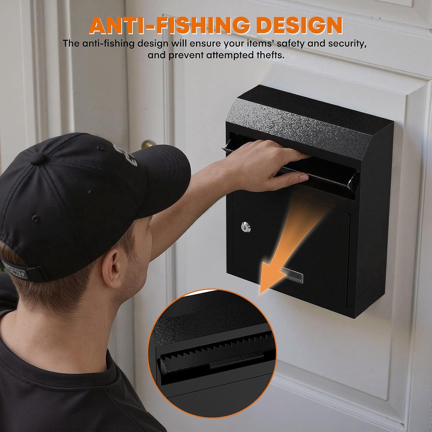 Metateel Wall Mounted Locking Mailbox – Heavy Duty Key Drop Box with Anti-Theft Design for Rents Cash Mails Deposits Checks Envelopes – 12"W x 4.25"D x 14.75"H (Black)