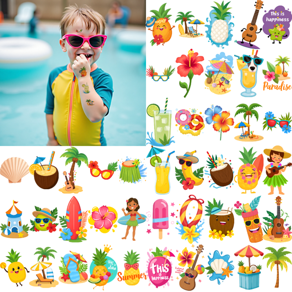 54 Temporary Tattoo Stickers Waterproof Long-lasting Body Stickers Hawaiian Beach Coconut Tree Ice Cream Swimming Ring Kids Boys Girls Tattoo Stickers Arm Forearm Shoulder Cheek