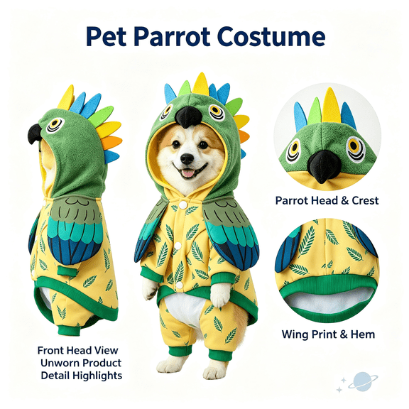 Puppy Halloween Costume, Funny Dog Costumes, Bright Parrot Jumpsuit For Tropical‑themed Indoor Halloween House Parties For Small Dogs