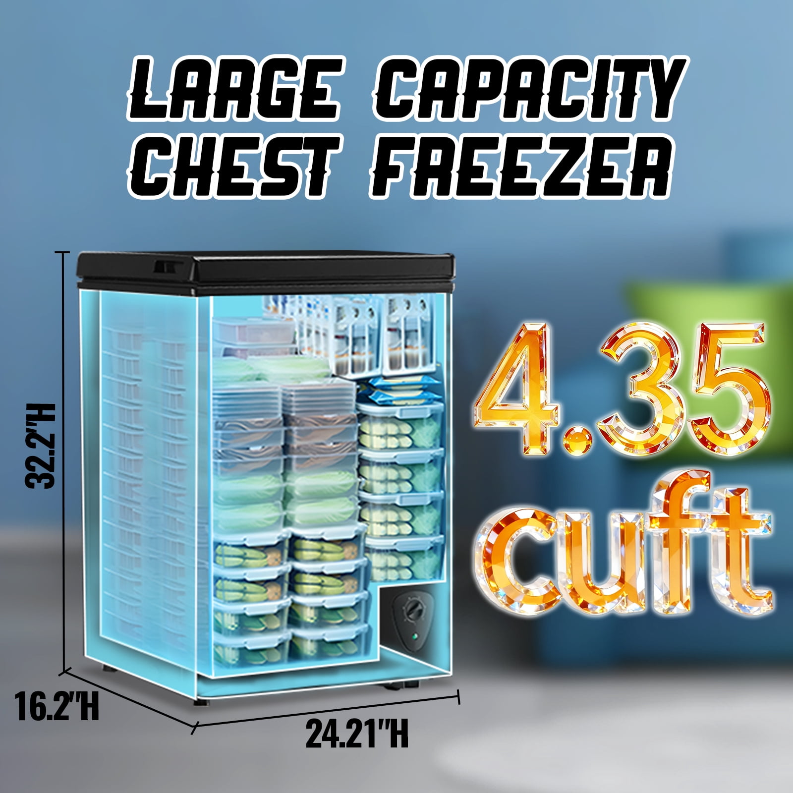 TACOOL Mini Chest Freezer 4.35Cu.ft with Two Removable Baskets Small Freezer with 7 Control Thermostat Control from -11.2℉to 50℉BLACK