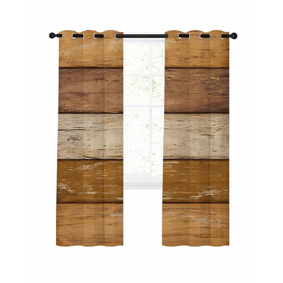 Farmhouse Yellow Brown Blackout Curtains, Light Blocking Print Window Curtains, Vintage Wooden Striped Thermal Insulated Window Drapes for Living Room Kitchen Cafe 2 Panels, 104"W x 96"L