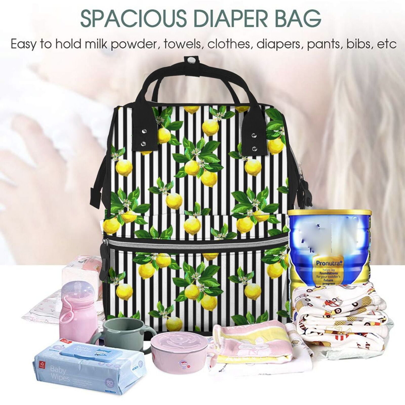 Ratiio Lemons on Striped Mummy Backpack - Waterproof Twill Canvas, Large Capacity Diaper Bag with Multiple Pockets and Adjustable Straps
