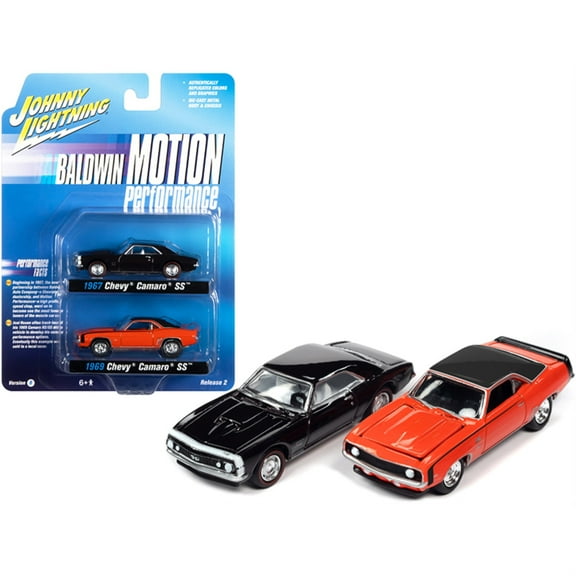 Johnny Lightning 1/64 Scale 1969 Chevrolet Camaro SS Orange and 1967 Chevrolet Camaro SS Royal Plum Diecast Model Car Set of 2
