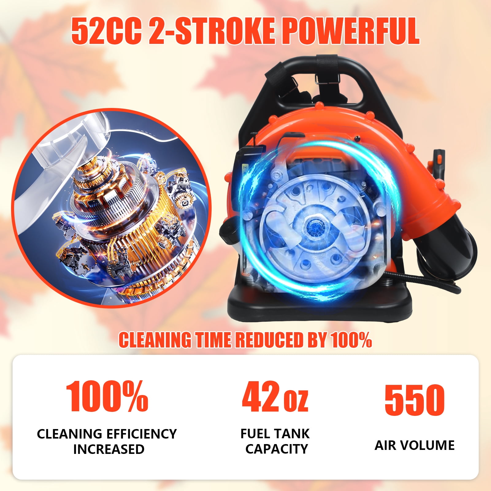 AurumEdge Gas Backpack Leaf Blower, 52CC 2-Cycle Leaf Blower Snow Blower, 550 CFM 2.3HP/1.7KW Commercial-Grade Dust Blowe