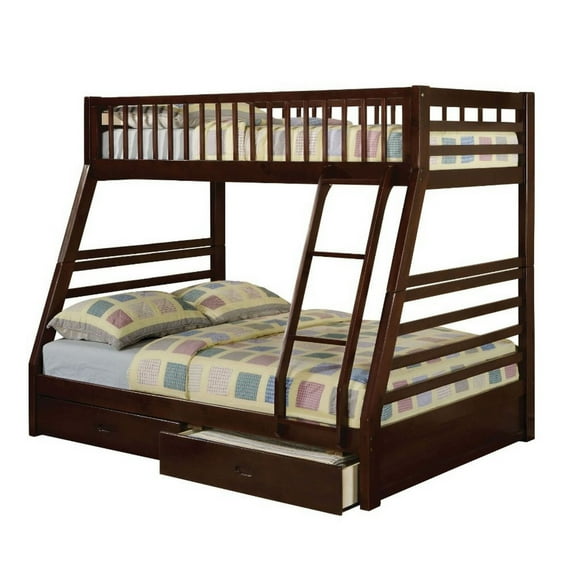 Cleo Twin Over Full Bunk Bed, Espresso Brown Pine Wood, Slatted Design