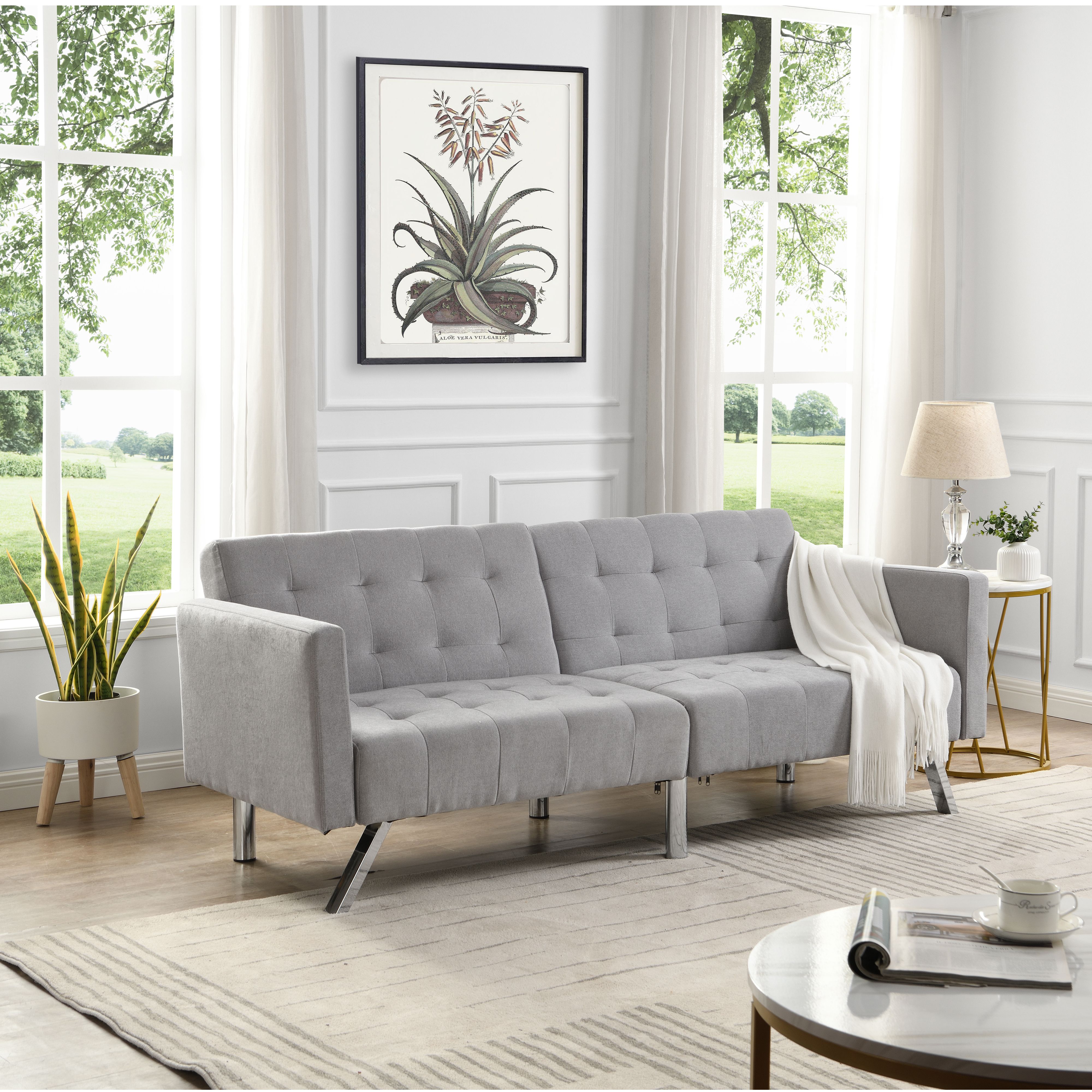 Sofa Bed Convertible Folding Light Grey Lounge Couch Loveseat Sleeper
