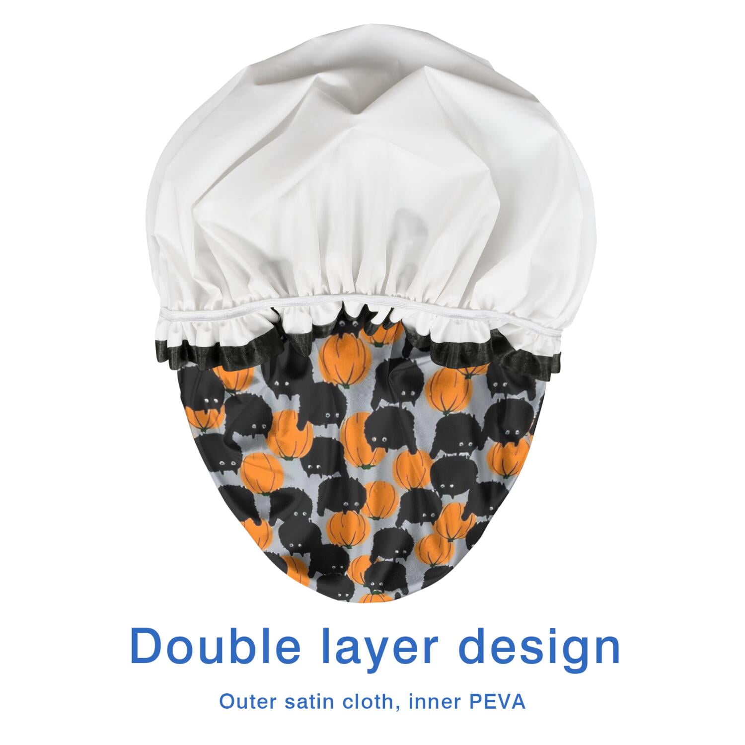 Shower Caps,Halloween Black Cat Pumpkin Pattern Waterproof Shower Cap for Women 4 Pieces,Double Reusable Hair Cover for Shower PEVA Elastic Stretch Hem