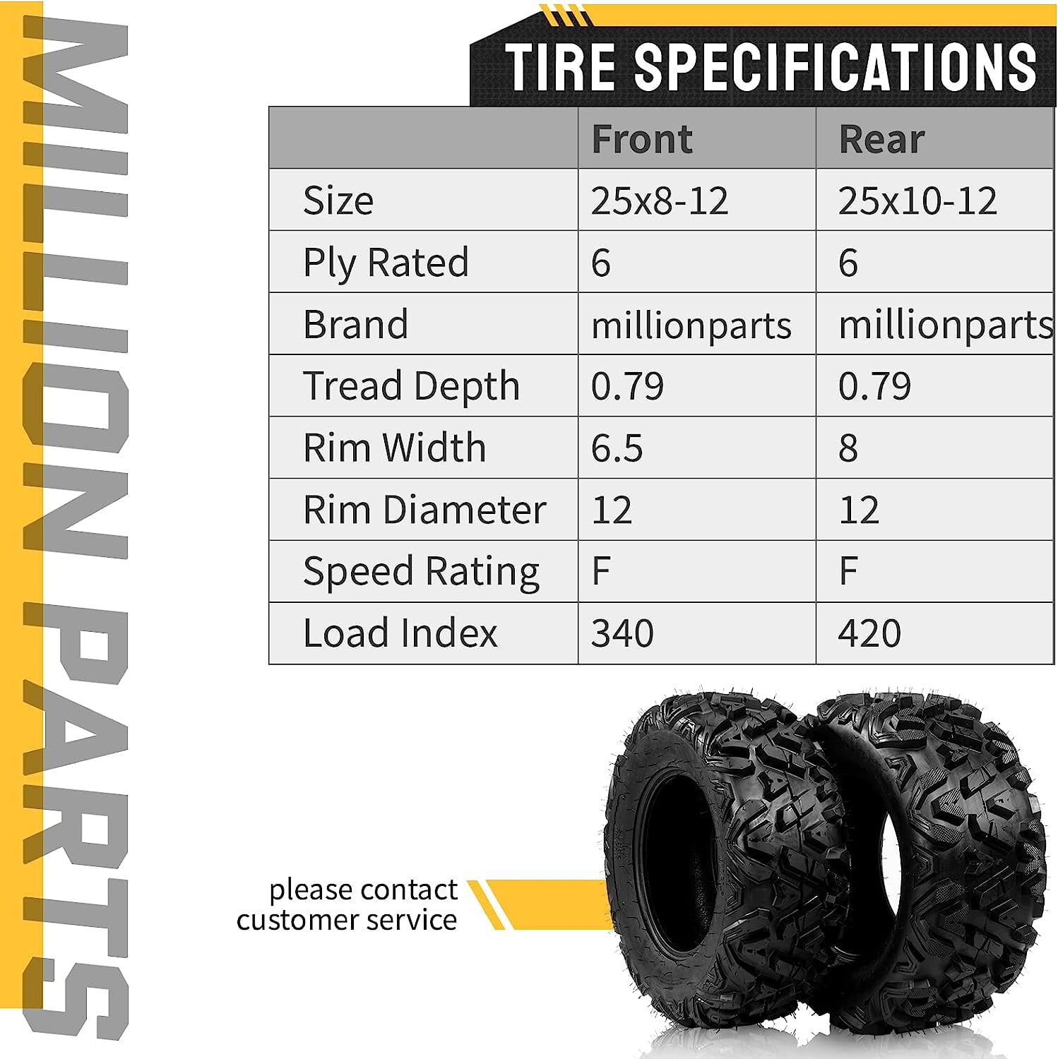 TUFFIOM Set of 4 ATV/UTV All-terrain Tires 25x8-12 Front 25x10-12 Rear, 6 PR, Tubeless