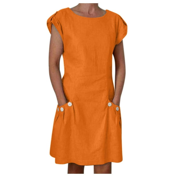 Vestido informal de mujer con cuello redondo, manga corta, botones, color liso y bolsillos, corte holgado y largo mini