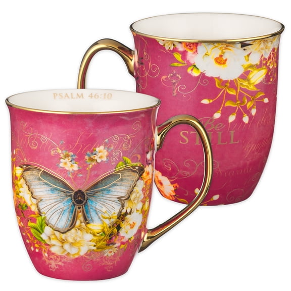 Christian Art Gifts Large Ceramic Butterfly Scripture Coffee & Tea Mug for Women: Be Still - Psalm 46:10 Inspirational Bible Verse Drinkware w/ Gold Accents, Pink & White Multicolor Floral, 14 oz.