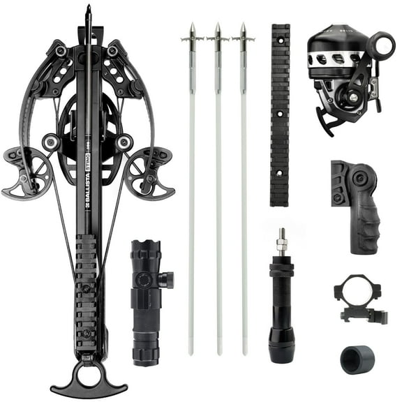 Ballista Bowfishing All-in Bundle: BAT Crossbow w/  BL33 Reel   Seat, Ring Mount, Bottom Picatinny Rail, Arrows, Green Laser