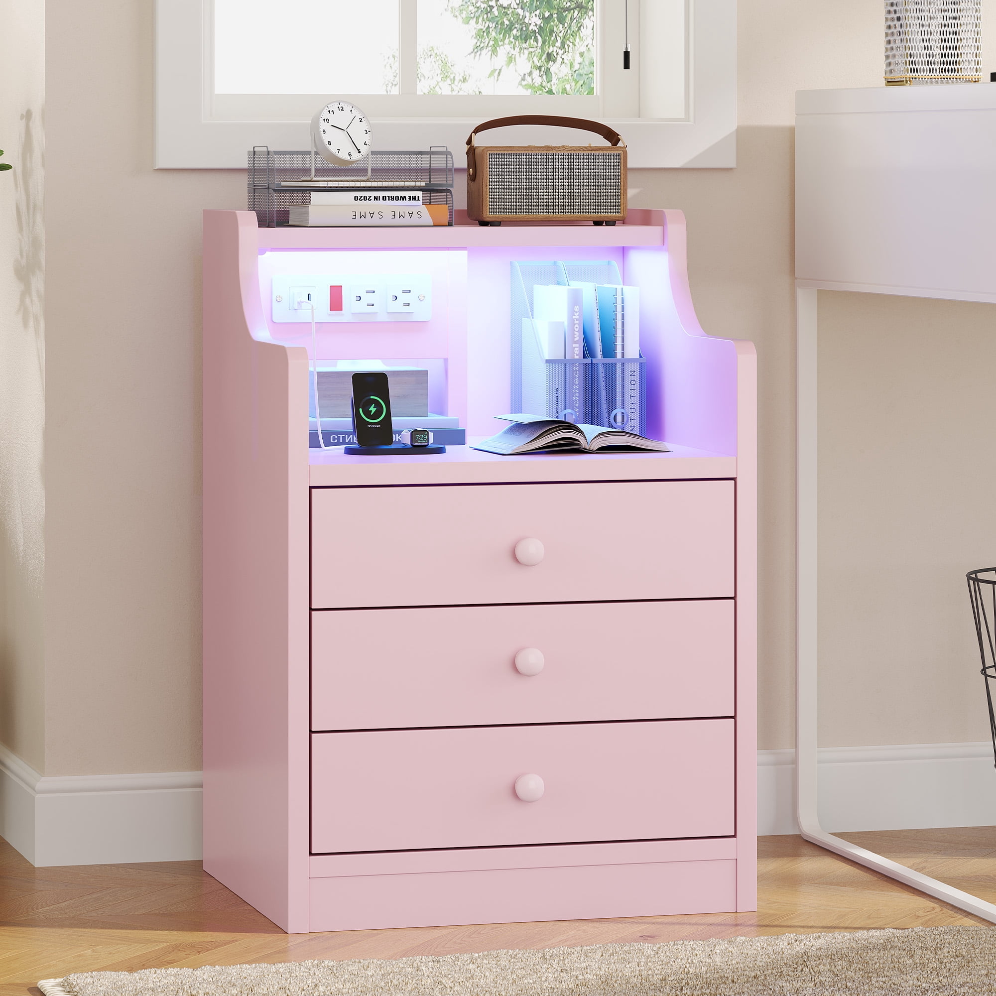 Pink Nightstand with Charging Station and LED Lights for Bedroom, Morden Night Stand with Hutch and Storage Drawers,End Side Table- 1Pcs