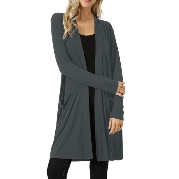 Autumn Winter Ladies Coat Solid Color Fashion Outer Coat Long Sleeve Knitted Outwear Loose Open Front Overcoat Crew Neck Trench Coat Warm Mid Length Cardigan