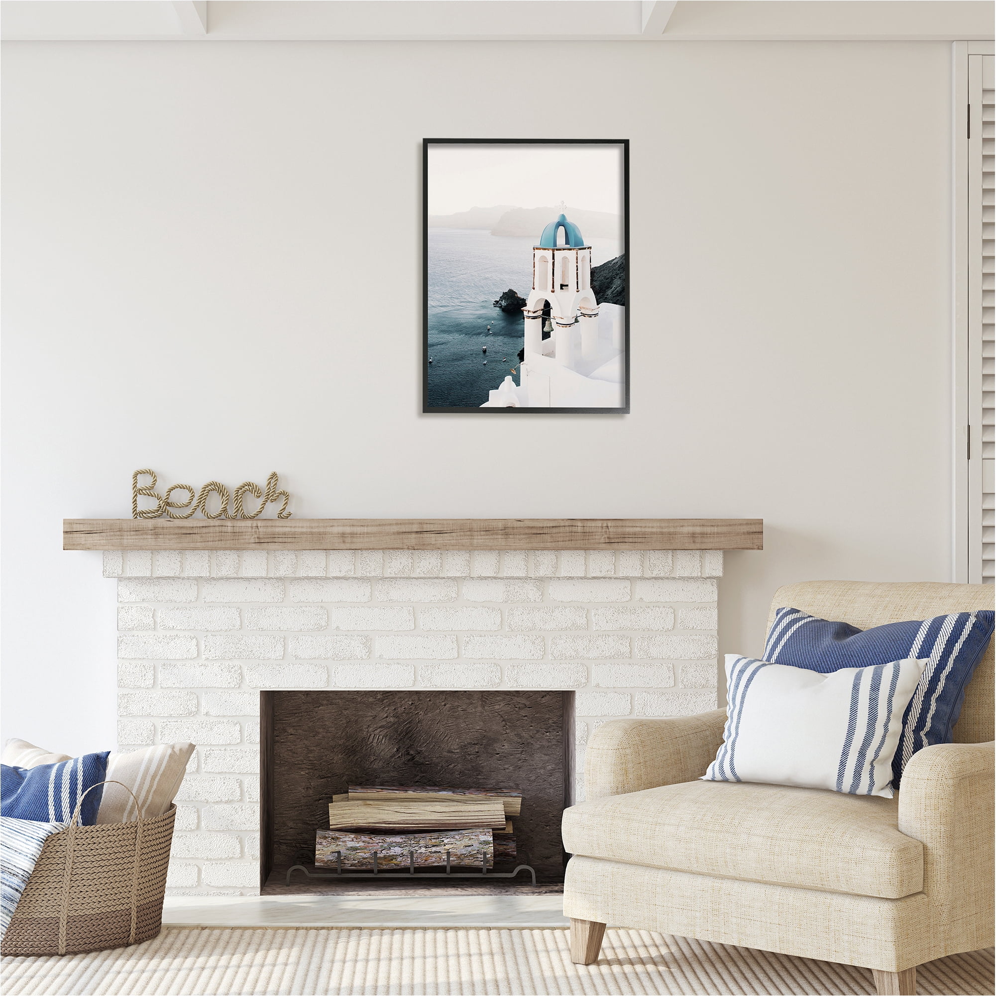 Stupell Industries Santorini Bell Tower Landscape Photography Black Framed Art Print Wall Art, 24 x 30