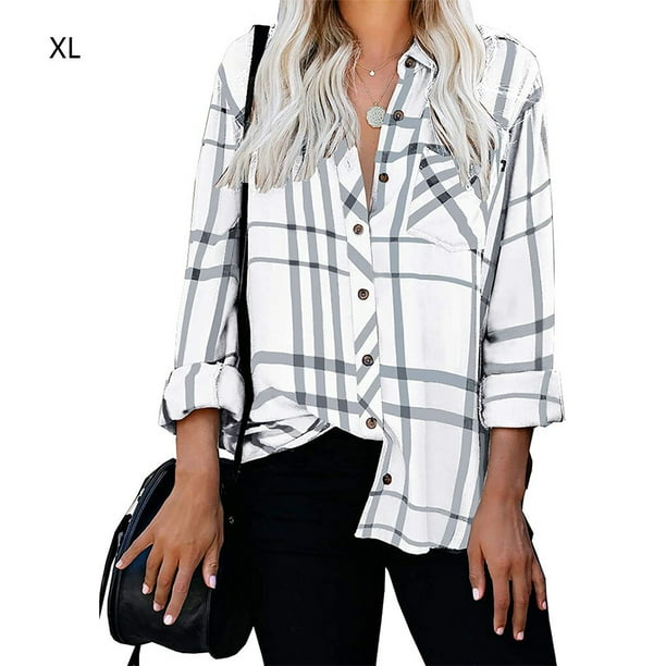 Camisa de cuadros blanca y negra mujer on sale