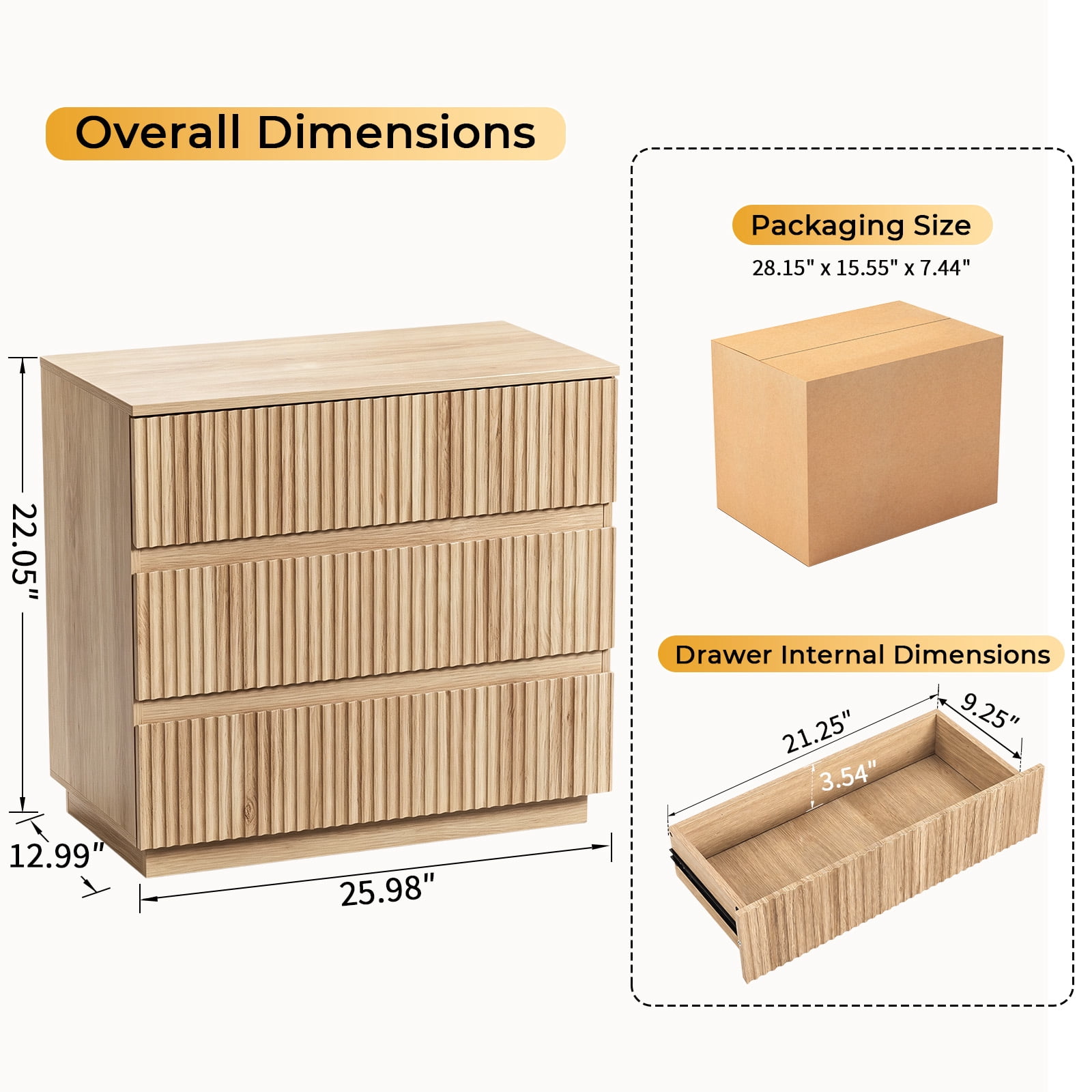 Handleless Grille-Finished 3-Drawer Bedside Table, P2 Particleboard + MDF & Melamine Veneer + Thermoformed Drawer Cabinet 23.62*12.99*22.05in Oak