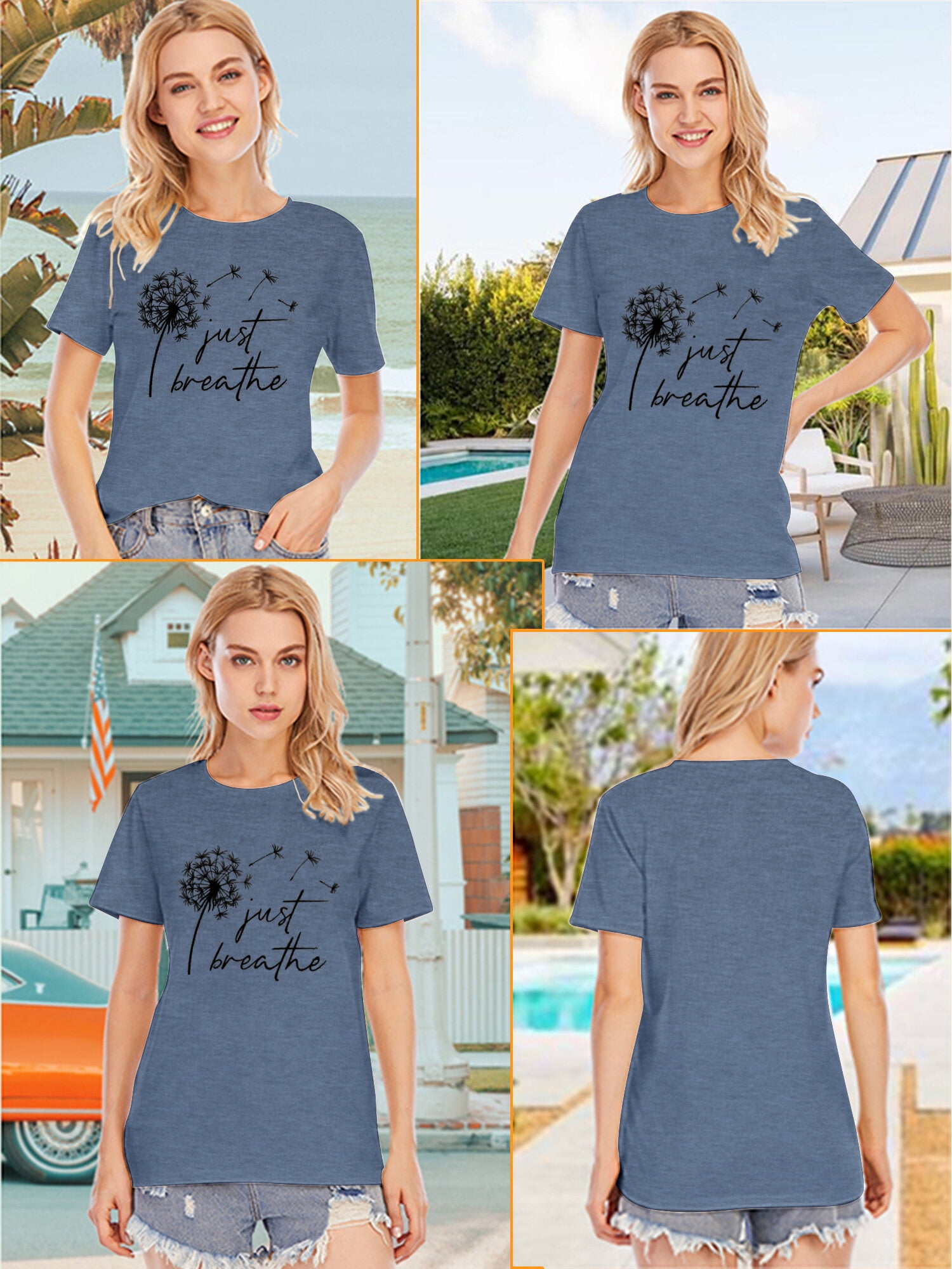 Women's Just Breathe Dandelion Graphic T-Shirt – Soft, Casual, Short Sleeve Top (Blue, Small) - View #10