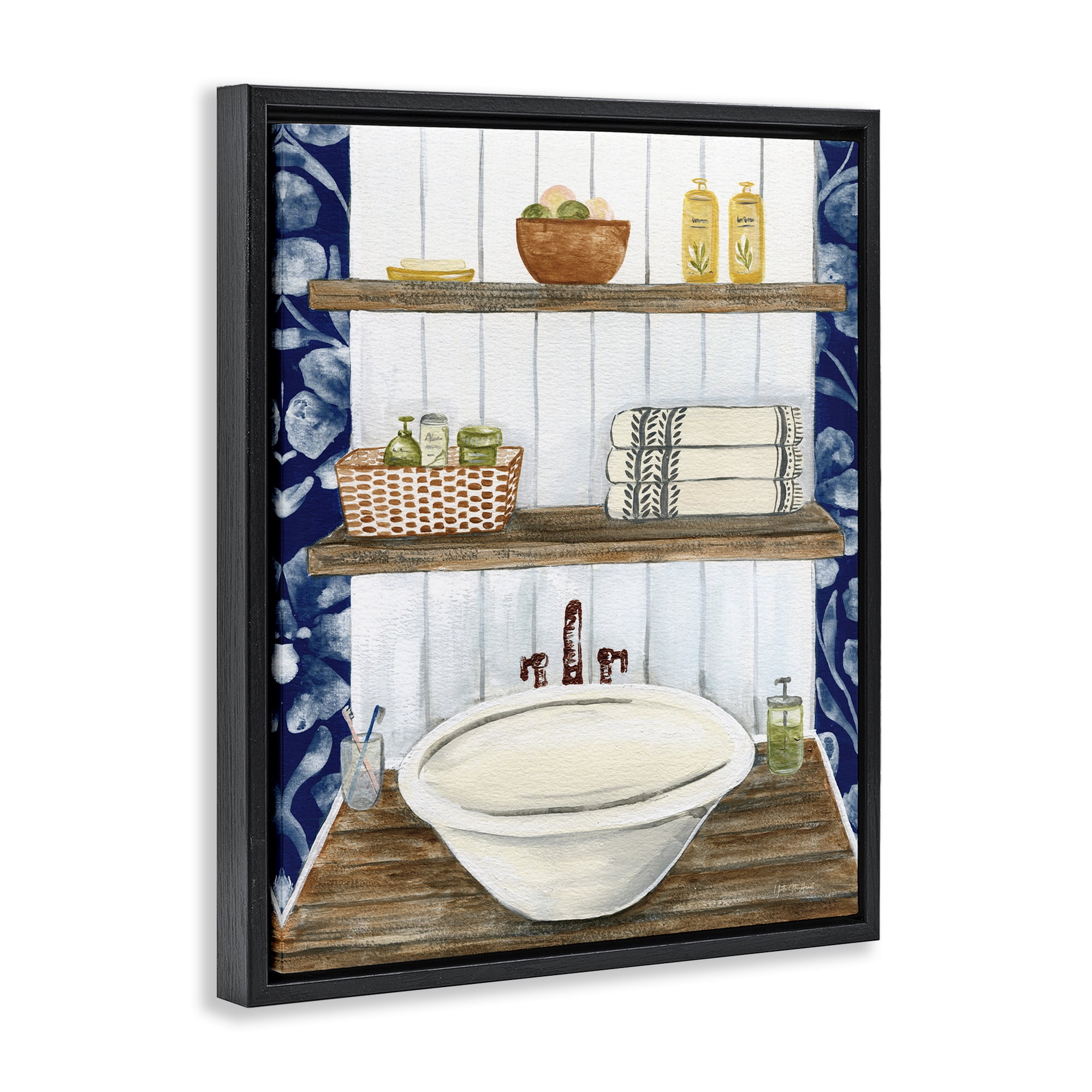 Stupell Industries Bold Blue Bathroom Typography Painting Black Floater Framed Canvas Art Print Wall Art, 25 x 31