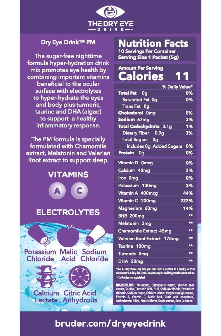 The Dry Eye Drink l Ultimate Hydration for Dry Eyes l Sugar-Free Electrolyte Powder Packets l Blended with Vitamins, Green Tea, Turmeric, Taurine, and DHA l 5g x 20 Packets (Orange PM)