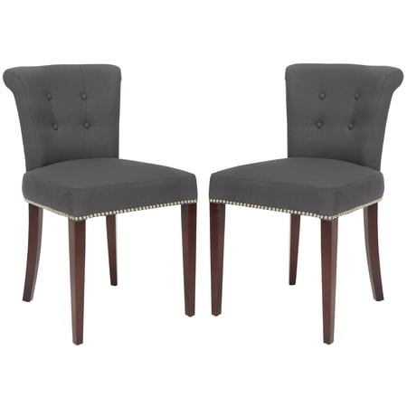 SAFAVIEH Arion Contemporary Linen Solid Dining Side Chair Charcoal/Cherry Mahogany (Set of 2)
