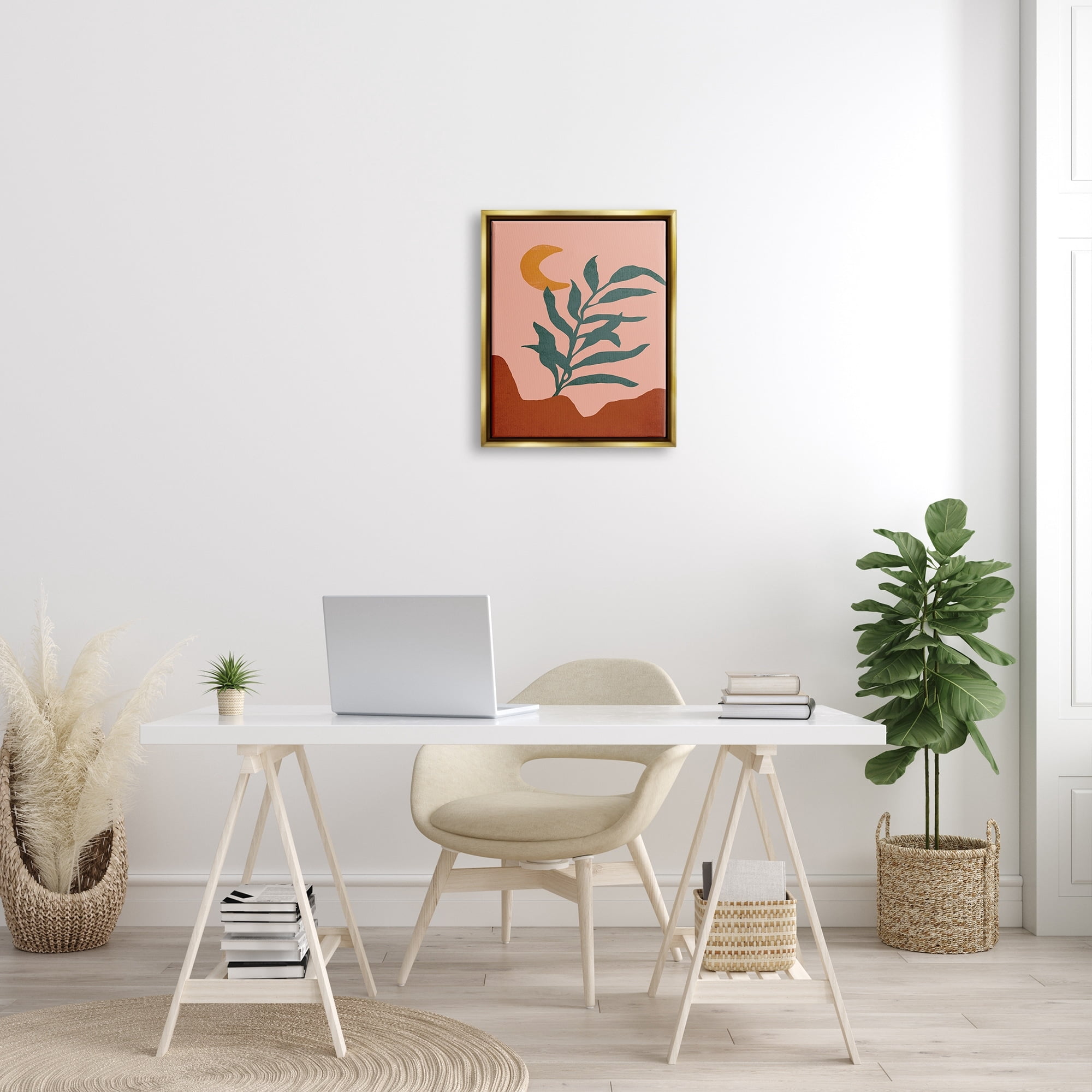 Stupell Industries Blooming Plant Leaf Pleasant Desert Crescent Moon Graphic Art Metallic Gold Floating Framed Canvas Print Wall Art, Design by JJ Design House LLC