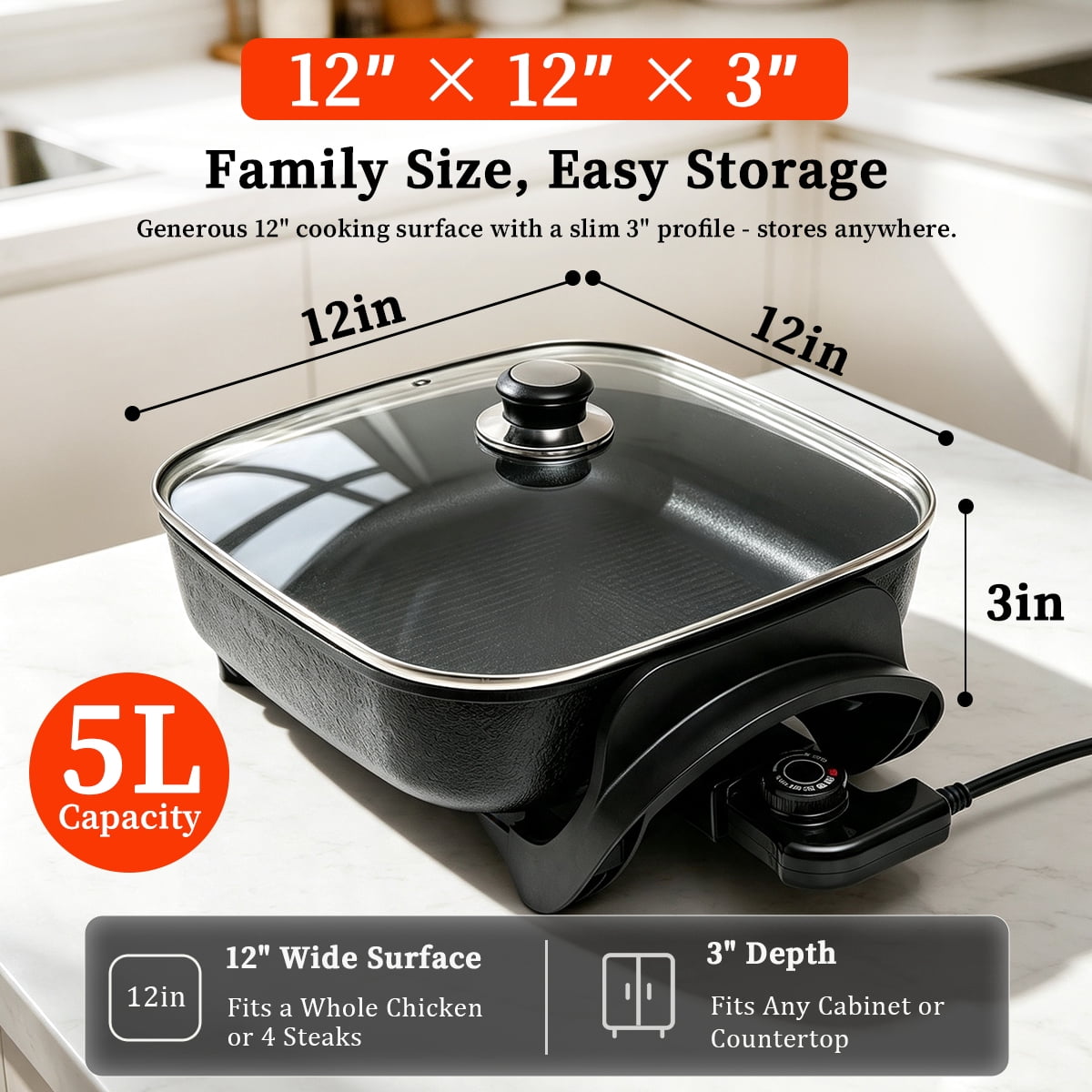 12 Inch Electric Frying Pan with Glass Lid, 5L Non-Stick Skillet, 1500W Fast Heating with Adjustable Temperature Control