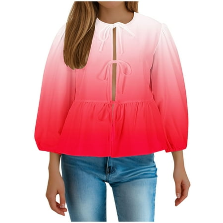 BUIgtTklOP no boundaries Womens Tie Bow Front Peplum Tops Babydoll Long Sleeve Summer Stripe Ruffle Blouse Lace Up Plus Size Shirts