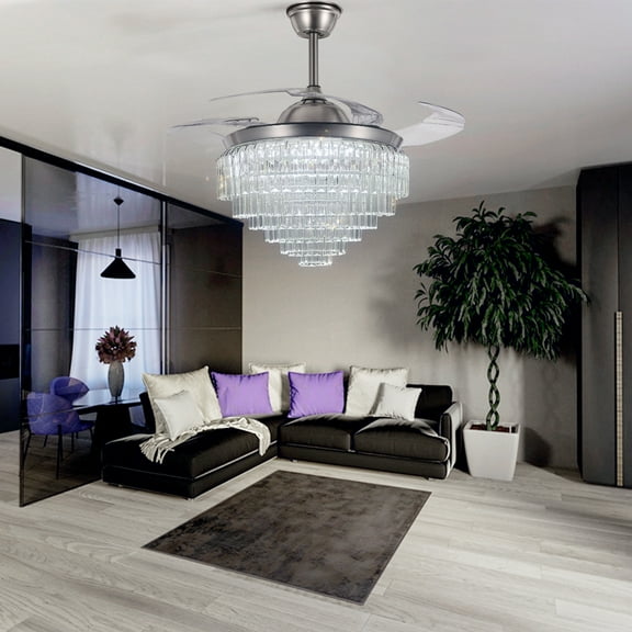 KPIBEST 42'' Modern 6-Layer Crystal Ceiling Fans with Lights Remote Control, Retractable Chandelier Ceiling Fan with 3 Color 3 Speed Silent Fandelier for Bedroom Dining Room, Silver, 42 Inch