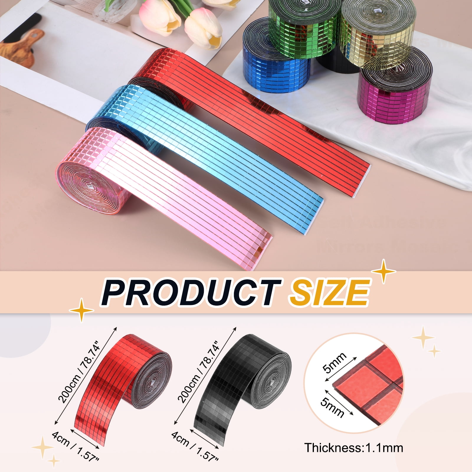 Uxcell 5x5mm Self Adhesive Mirrors Mosaic Tiles, 6400 Pcs Square Mini Glass Mosaic Disco Tile Sticker for DIY Craft Disco Ball Party Decoration, Red Black
