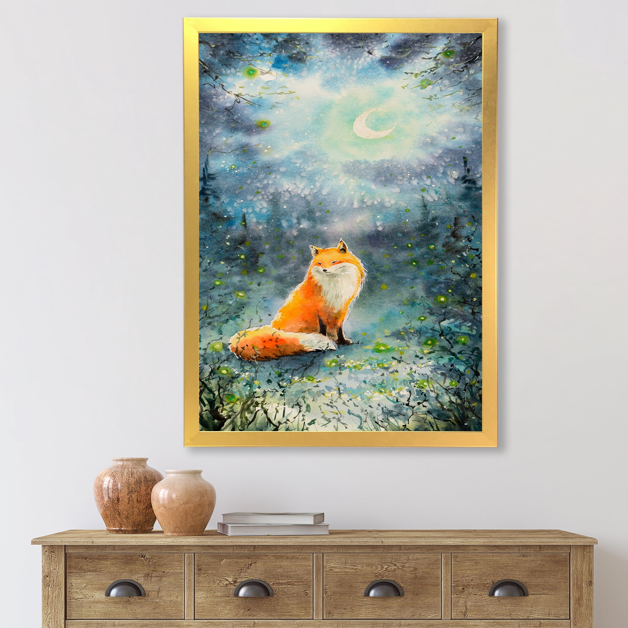 Designart 'Fox Over A Night Sky With Moon' Children's Art Framed Art Print