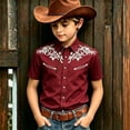 thumbnail image 2 of KHONTS Boys Summer Western Shirts Short Sleeve Printed Cowboy Shirts Casual Button down Shirt,Size 4-13 Years Wine 170, 2 of 4
