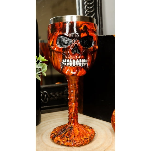 Ebros Inferno Fire Skull Face Wine Goblet Chalice Beverage Drinkware 7.25"H
