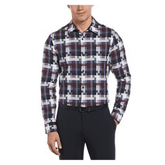 Perry Ellis Men's Square Pixelated Plaid Long Sleeve Button-Down Shirt, M