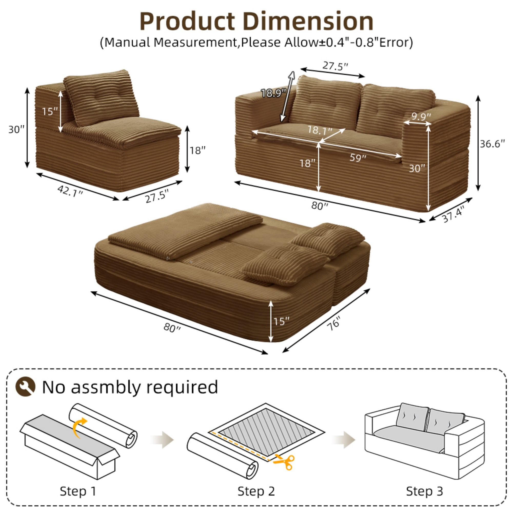 80" King Size Convertible Sleeper Sofa Bed with Independent Chaise Lounge,Multifunctional Plush Corduroy Sectional Sofa Couch for Living Room,Bedroom,Camel