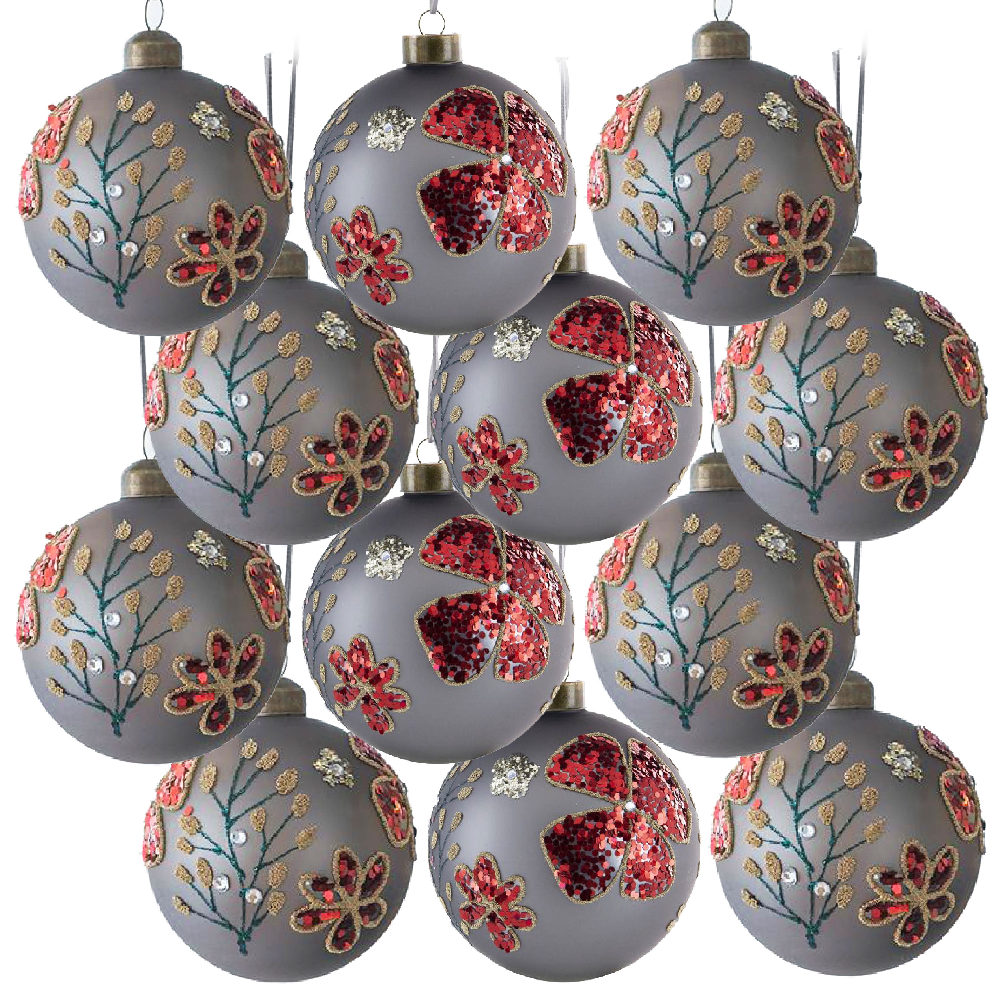 Set of 12 Glass Christmas Ball Ornaments with Glitter and Painting Design by Riccardo Tree Decor