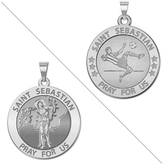 Soccer - Saint Sebastian Doubledside Sports Religious Medal  1 Inch in Sterling Silver