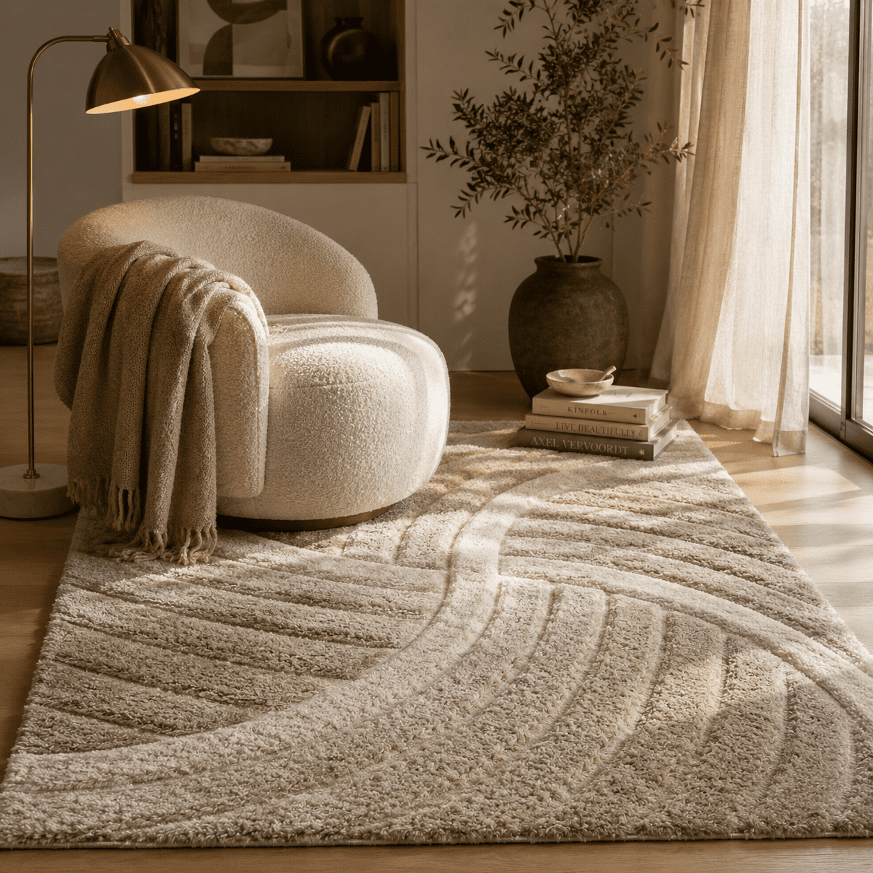 Well Woven Tilly Biege Geometric Stripes Thick Soft Plush 3D Textured Shag Area Rug 5x7 (5'3" x 7'3")