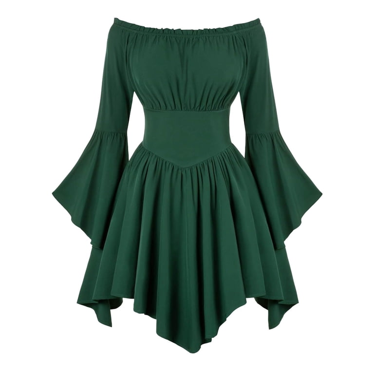 gcong Renaissance Dress Women Off Shoulder Flowy Fairy Dress A-Line Fairy  Pirate Dresses Bell Sleeve Ruffle Trim Handkerchief Dress Casual Dresses  for Women Fasion 2025 Green XL - Walmart.com
