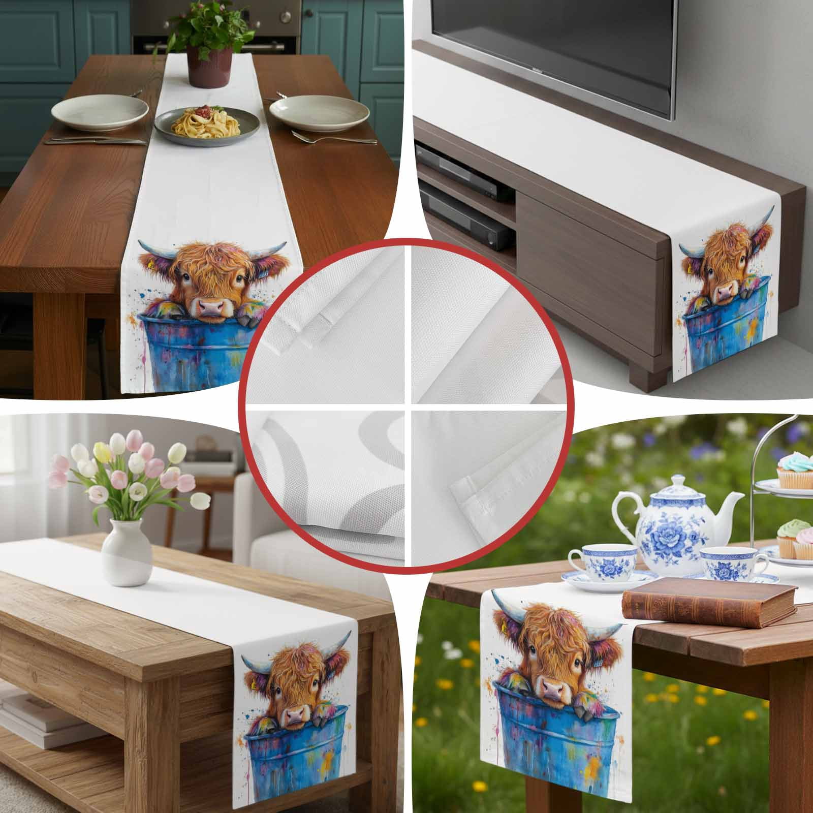 Farm Yak in Blue Bucket Table Runner 90 Inches Long, Abstract Farmhouse Animal Table Runners Tabletop Scarf Kitchen Dining Tables Decoration for Home Party Indoor Outdoor