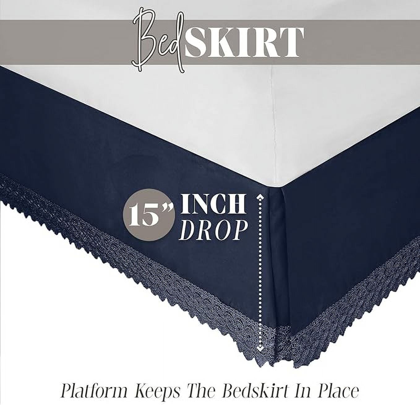 Mocassi Lace Bed Skirt 15inch Drop, 1500 Thread Count Quality, Sophisticated Design for a Vintage Look- Easy Care and Wrinkle Resistant, Twin, Navy