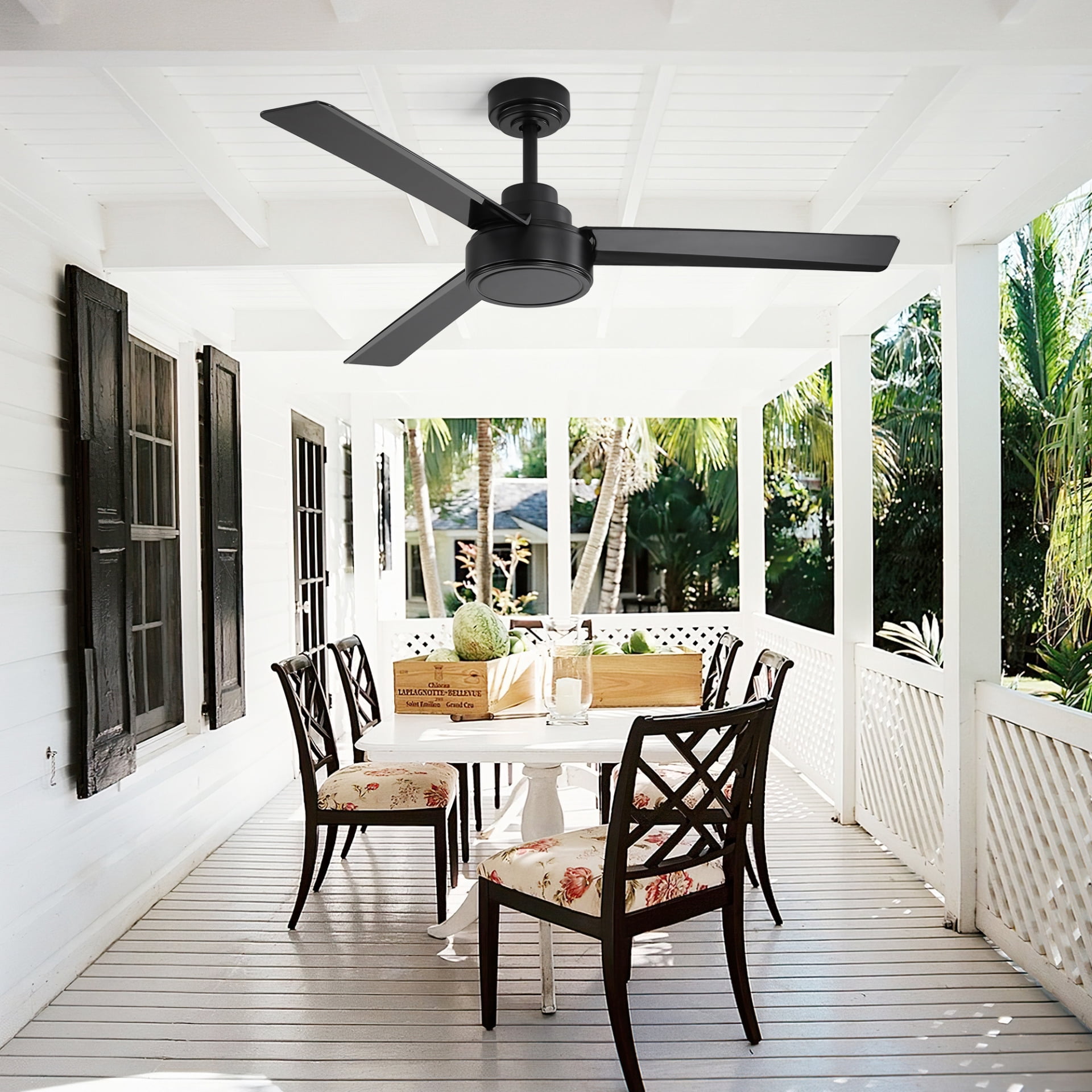 52" Outdoor Ceiling Fan Without Light, 3 ABS Blades Farmhouse Design Ceiling Fan with Remote Control, 6-Speed Reversible DC Motor, Damp Rated for Covered Porch, Patio, Bedroom, Living Room, Kitchen