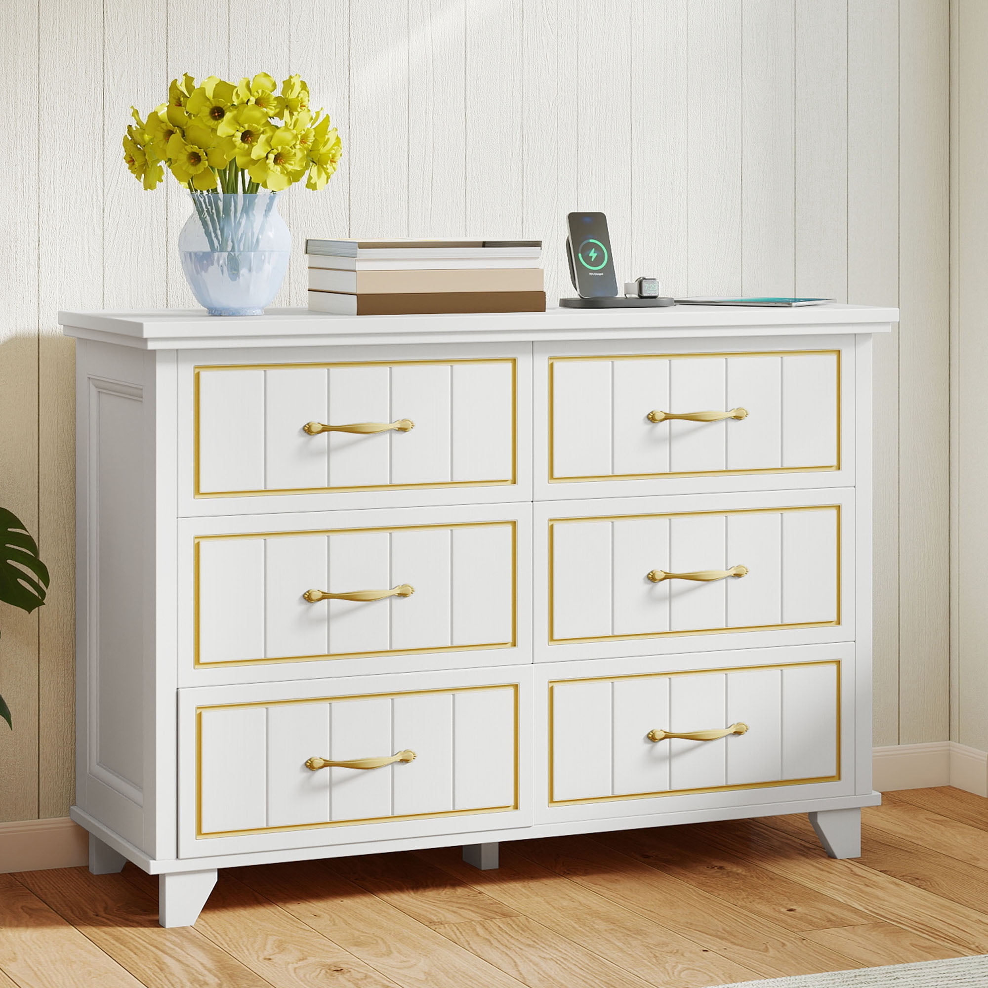 Uforic 6-Drawer Dresser with Power Strip, Gold Strips & Metal Handles, Storage Chest, White
