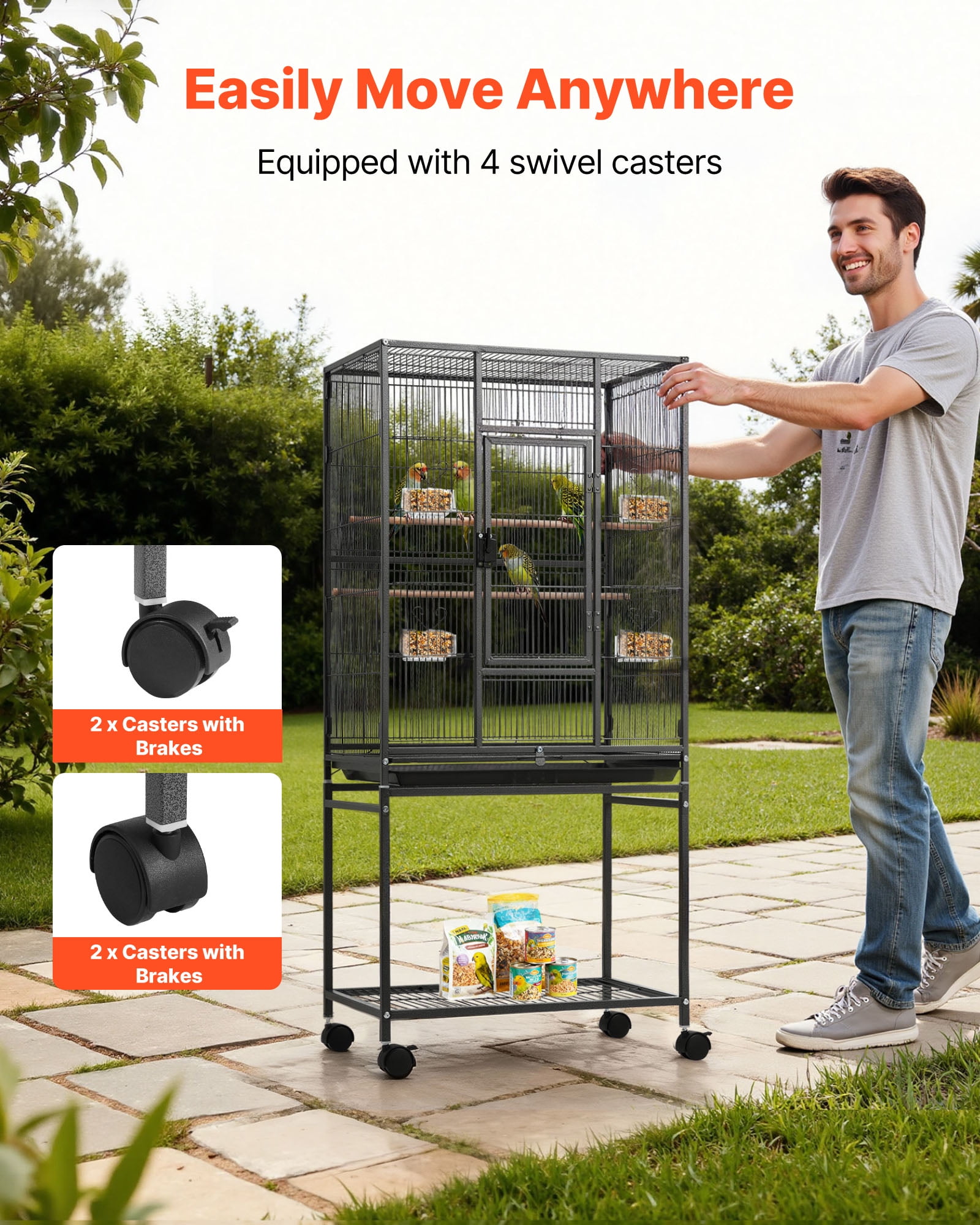 VEVOR Bird Cage, 24.6 x 16.7 x 53.9 in, Flat Top, Wrought Iron Bird Flight Cage with Perches, Slide-Out Tray and Plastic Feeders, Casters, for Parrot, Blue Tit, Cockatiel, Canary, Budgerigar, Conure
