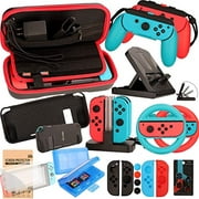 Accessories Kit for Nintendo Switch Games Starter Wheel Grip Caps Carrying Case Screen Protector Controller Charger (17 In 1)