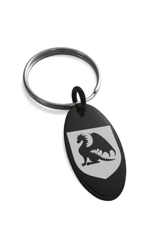 Stainless Steel Dragon Guardian Coat of Arms Shield Engraved Small Oval Charm Keychain Keyring