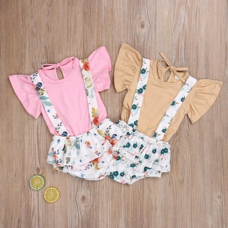 

Infant Newborn Girls 2 Pcs Outfits Solid Color Short Sleeve Romper T-shirt + Ruffle Suspender Short Pants Sets